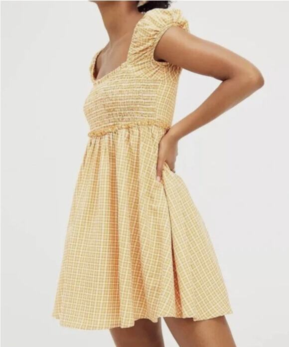 Free People Dresses & Skirts - Free People Daphne Novelty Smocked Gingham Mini Dress Orange S
